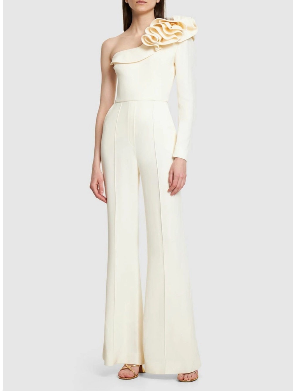 Elie Saab Cady Cream One-Shoulder Ruffle Jumpsuit Wide-Leg Trousers $3075